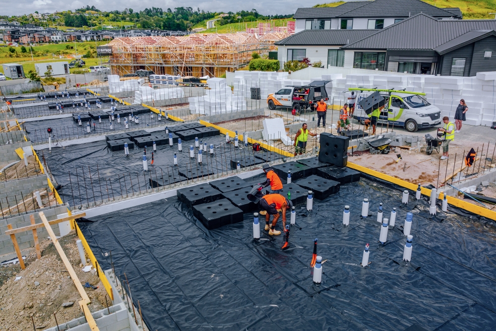 Aquacomb stormwater attenuation system installed beneath a residential development in New Zealand