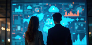 Business leaders reviewing global market and performance data, reflecting sector confidence, investment trends and cost pressures highlighted in the Thrive Index.