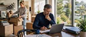 Professional couple planning an overseas move while packing their New Zealand home and reviewing financial documents.