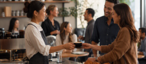 Modern New Zealand café with customers enjoying coffee and conversation while café staff provide professional service in a welcoming hospitality environment.