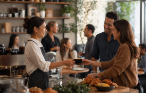 Modern New Zealand café with customers enjoying coffee and conversation while café staff provide professional service in a welcoming hospitality environment.