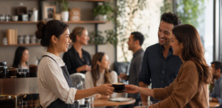 Modern New Zealand café with customers enjoying coffee and conversation while café staff provide professional service in a welcoming hospitality environment.