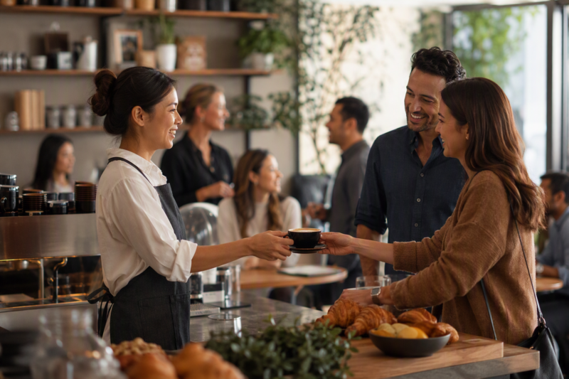 Modern New Zealand café with customers enjoying coffee and conversation while café staff provide professional service in a welcoming hospitality environment.